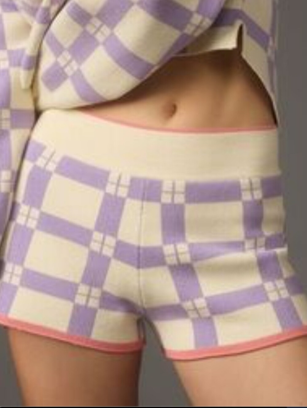 Anthropologie Daily Practice Cream & Purple Check Sweater Shorts Women's Medium